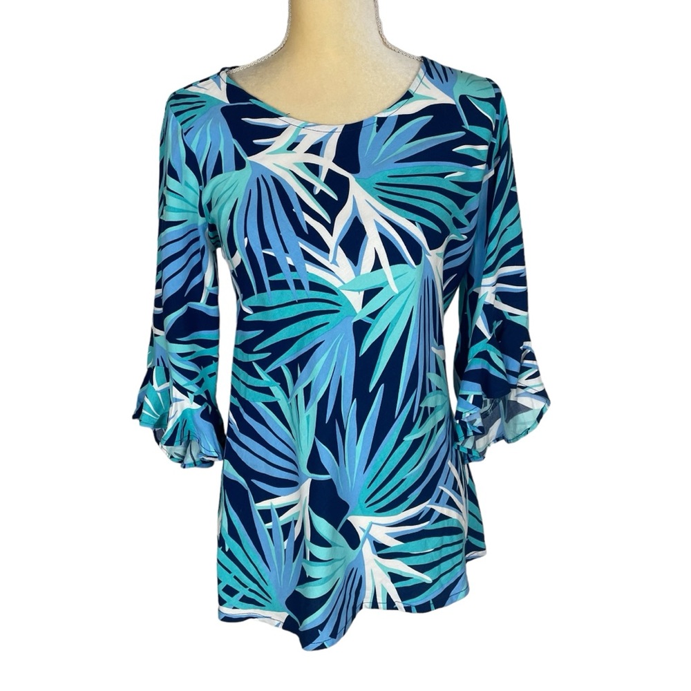 Escapada Living Palm Leaf Print Top‎ Blue White Flute Sleeve Side Small